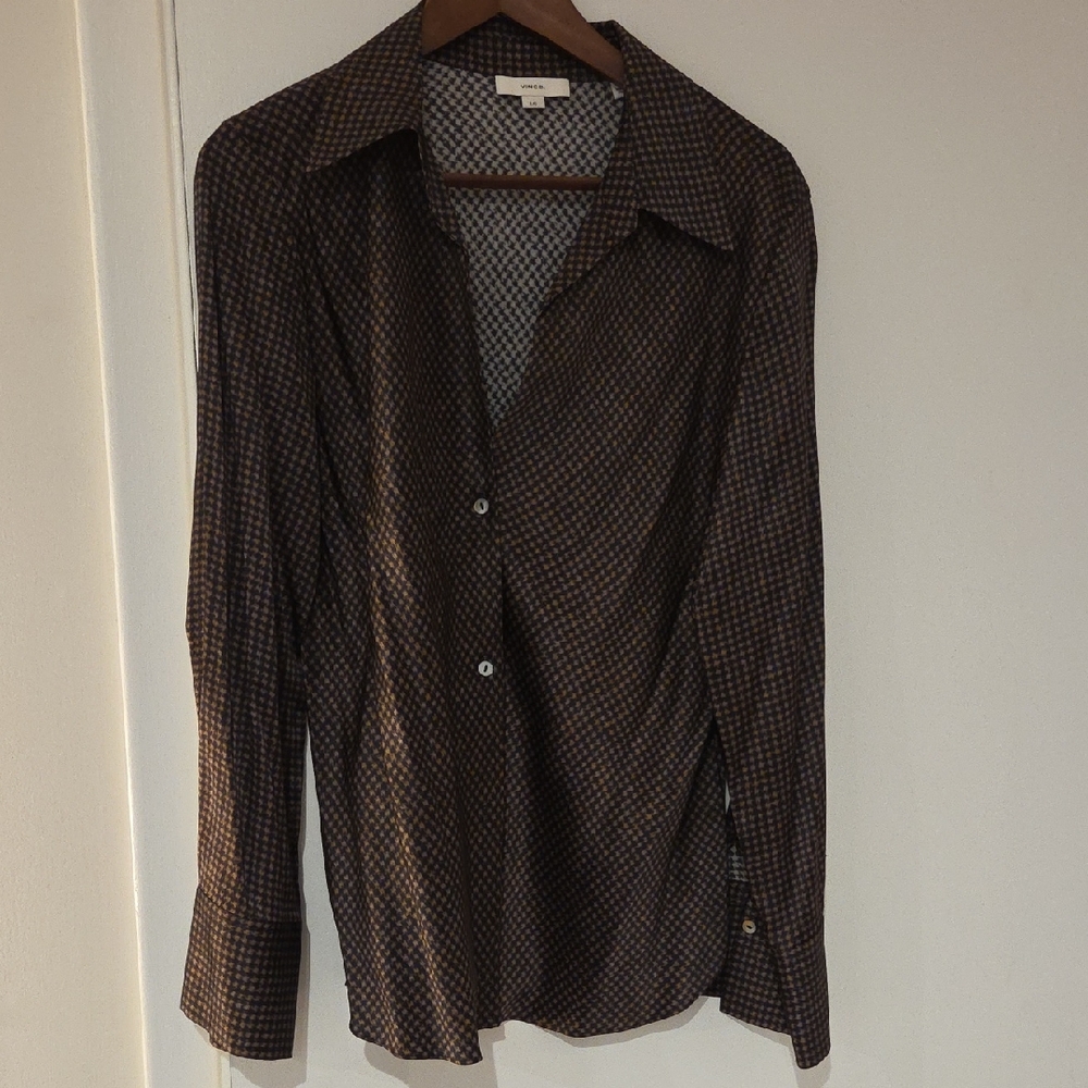 Vince Silk Houndstooth Print Blouse